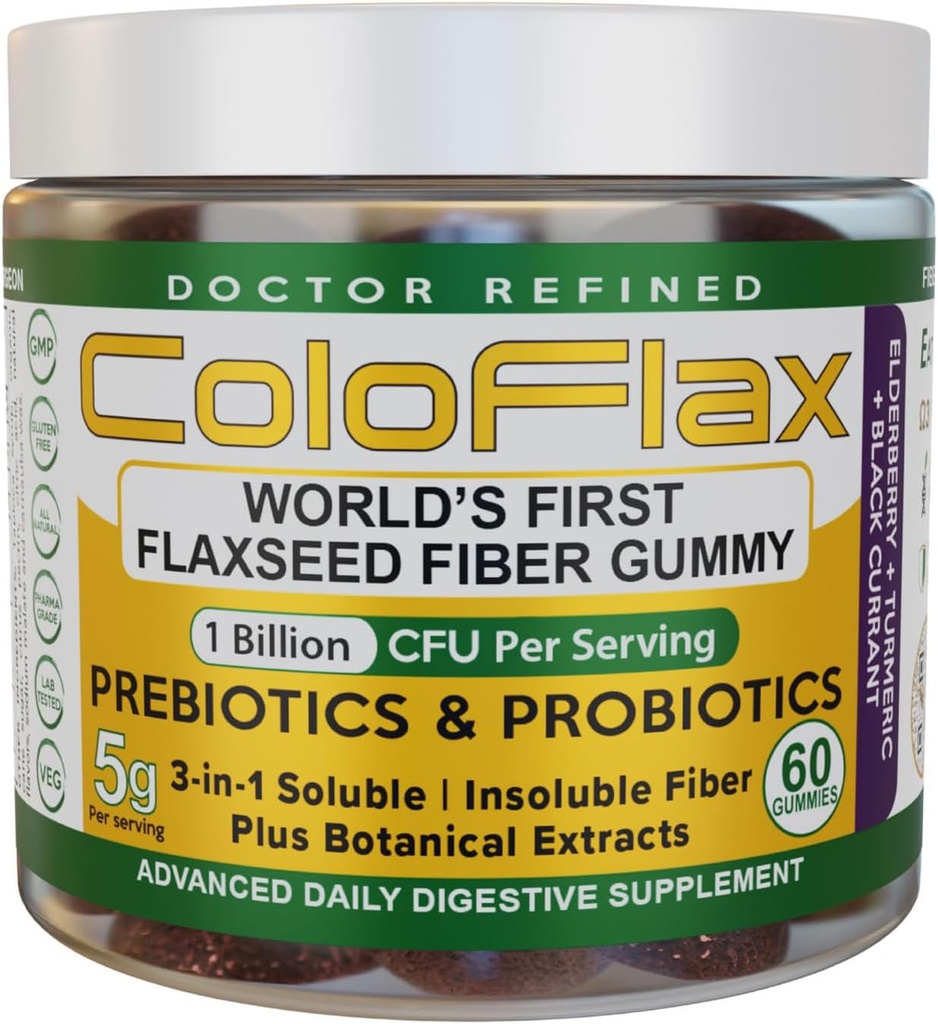 Fibra di lino organico + Probiotici Gummies | Rilievo di costipazione e regolarità senza il Cramp per adulti, Soluble & Insoluble Triple-Fiber Vegan Gummies - 30 Serve