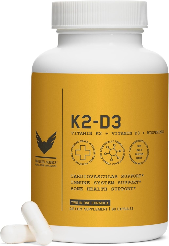 K2D3, vitamina K2 & D3 Integratore con BioPerine Black Pepper, Dual Action Complex per Cuore, Bone, Supporto immunitario, 5000 IU D3, 100 mcg K2, Vegetariano, 60 capsule vegetali