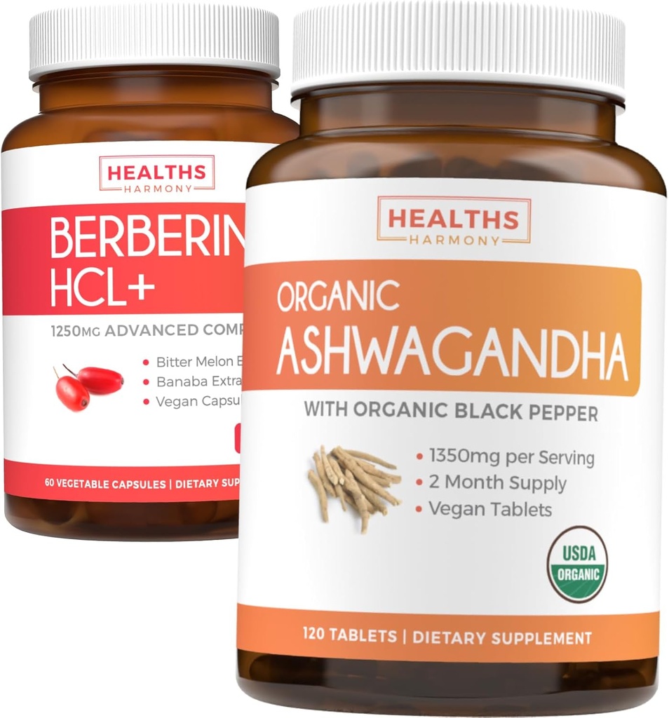 Salva $4 (11% Off) - Acquistare Organic Ashwagandha & Berberine HCL+ - Sinergia della natura Duo - Berberina (60 capsule) - Polvere organica di radice di Ashwagandha 1350mg Serve (120 compresse)