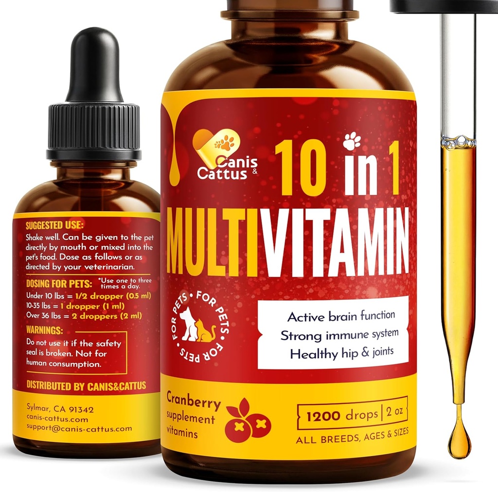 Canis&Cattus 10-in-1 Multivitamina per cani e gatti – Glucosamina quotidiana, Vitamina B, Supporto C & D3 - Supplemento liquido con mirtillo & MSM – 2 oz