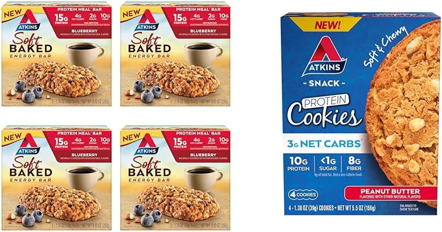 Barre ad energia morbida di Atkins, Mirtillo, 15g Protein, 2g Zucchero, Eccellente Sorgente & Peanut Butter Protein Cookie, Dessert proteico, Ricco in fibra, Carbo Net 3g, 1g Zucchero
