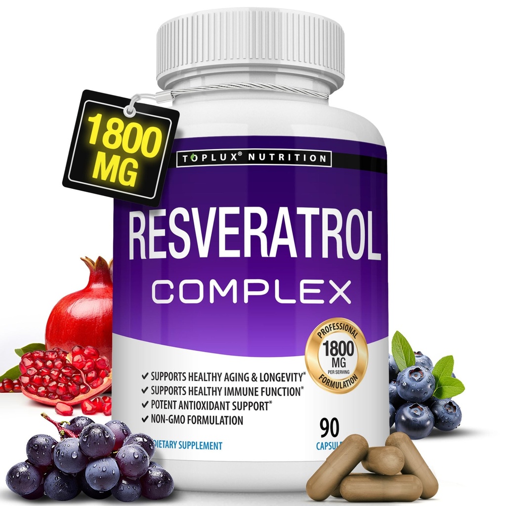 Resveratrolo Supplemento 1800 mg Antiossidante complesso - Altamente Potente naturale Trans-Resveratrolo pillole per l'invecchiamento sano, Assistenza sanitaria generale, Sistema immunitario, Funzione cerebrale, per le donne degli uomini, 90 capsule