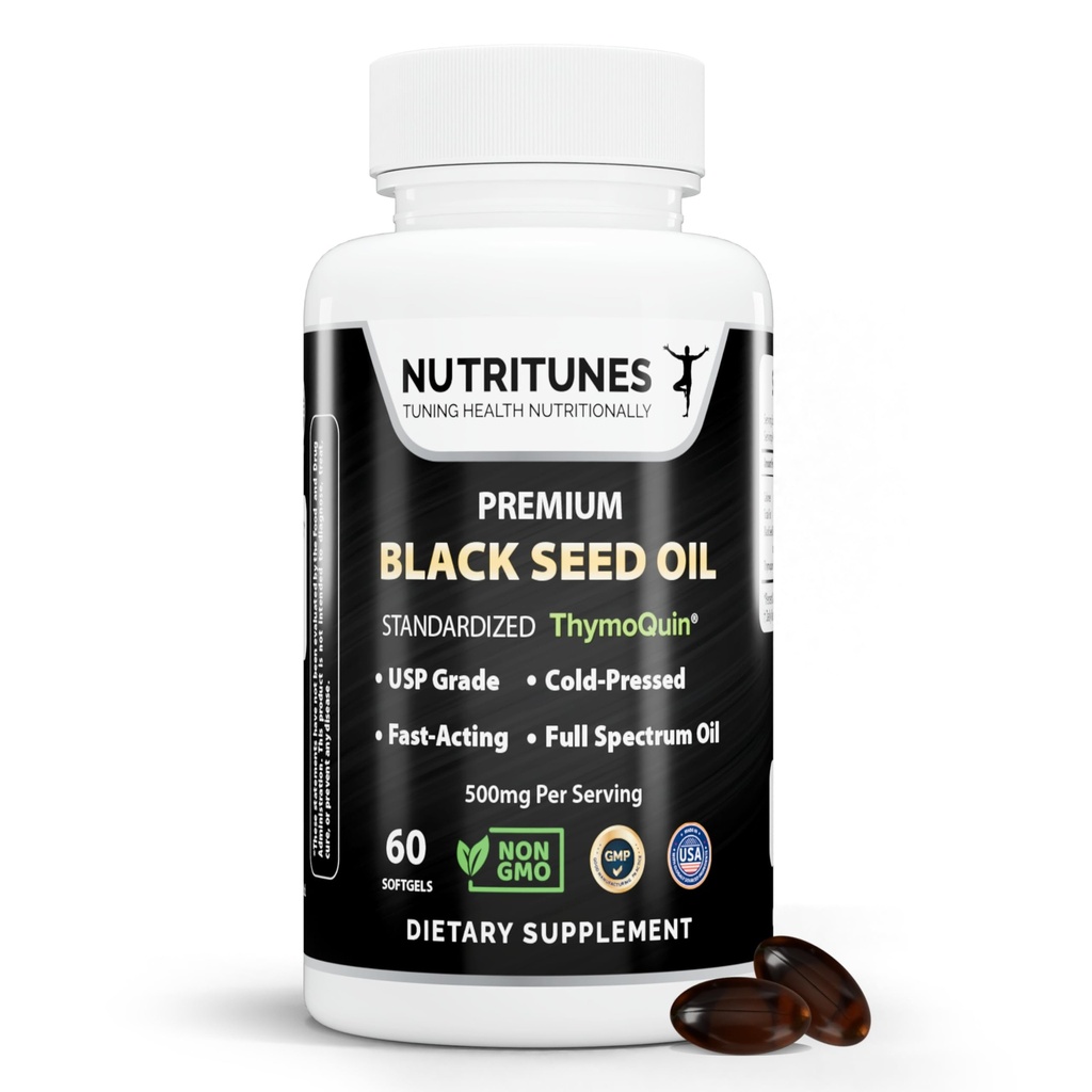 Olio di semi nero 3% Thymoquinone Standardizzato – Studi clinici, Grado USP, Nigella Sativa ThymoQuin, Non OGM – 60 Softgels