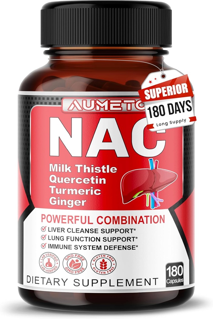 Nac Supplement N-Acetyl-L-Cysteine - Migliorato con il cardo del latte + Quercetina per l'immunità ottimale, respiratoria, benessere del fegato (180 Conteggio (pacchetto di 1))