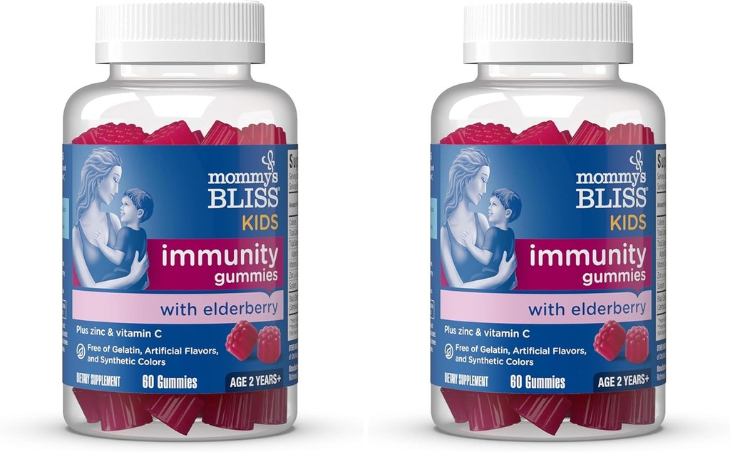 Bliss Kids Elderberry Gummies, Supporta l'immunità con Black Elderberry, Zinc & Vitamin C, Gluten Free & Vegan, Età 2 Anni+ (60 Conteggio) (Pack of 2)