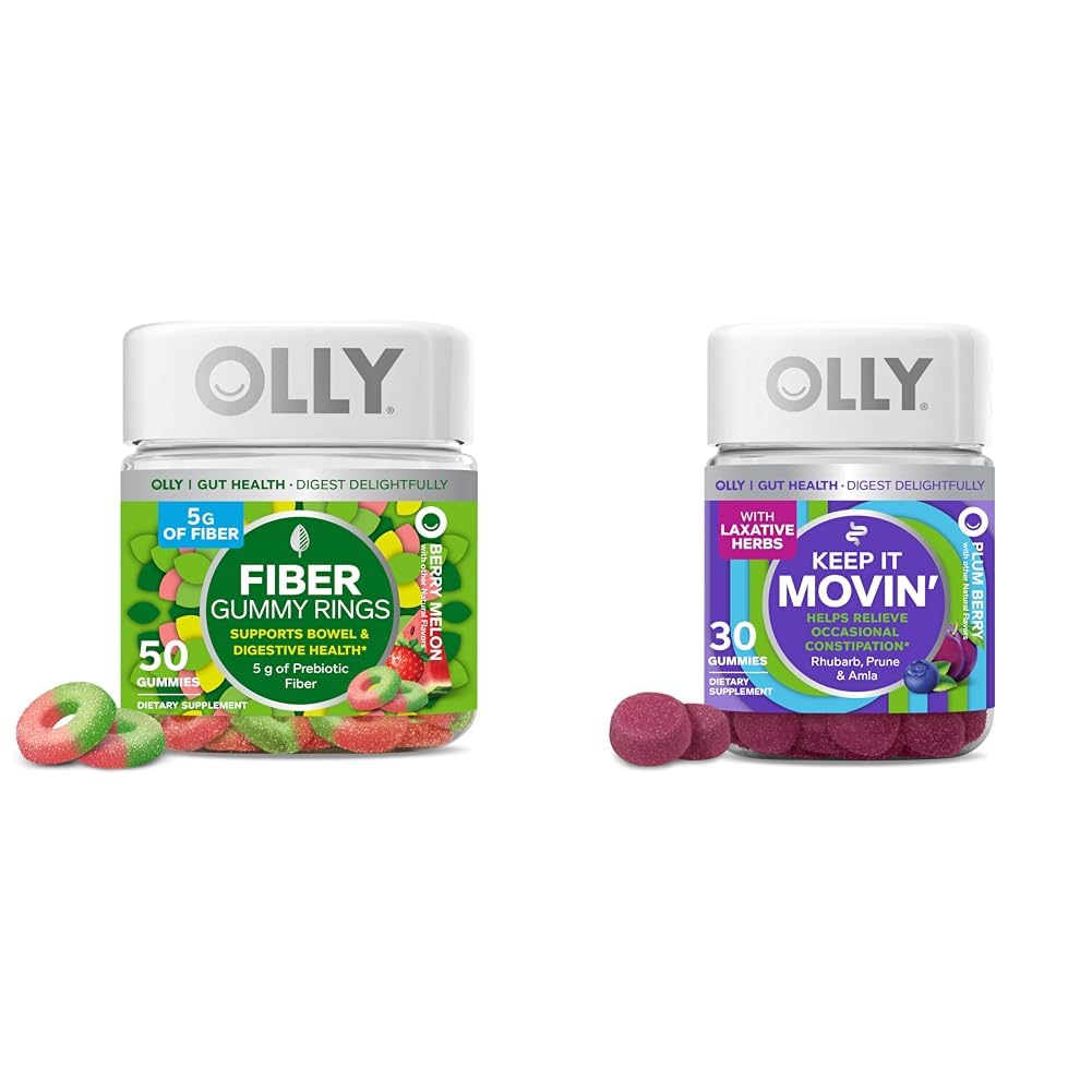 Anelli gommosi di fibre di OLLY, fibra prebiotica 5g, FOS (Fructo-oligosaccaridi), Supporto digestivo, Melone di bacche 50ct & Keep it Moving costipation Relief, Rhubarb, Prunes, Amla - Plum Berry Flavor - 30ct