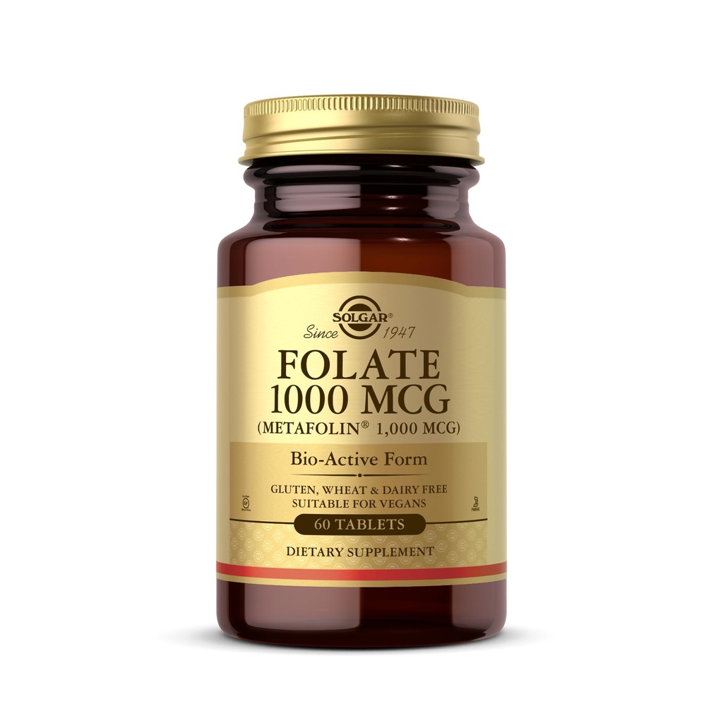 Solgar Folate 1000 mcg, 60 compresse - 1000 mcg Bio-Active Metafolin - Vegan, Gluten Free, Dairy Free, Kosher - 60 Serve
