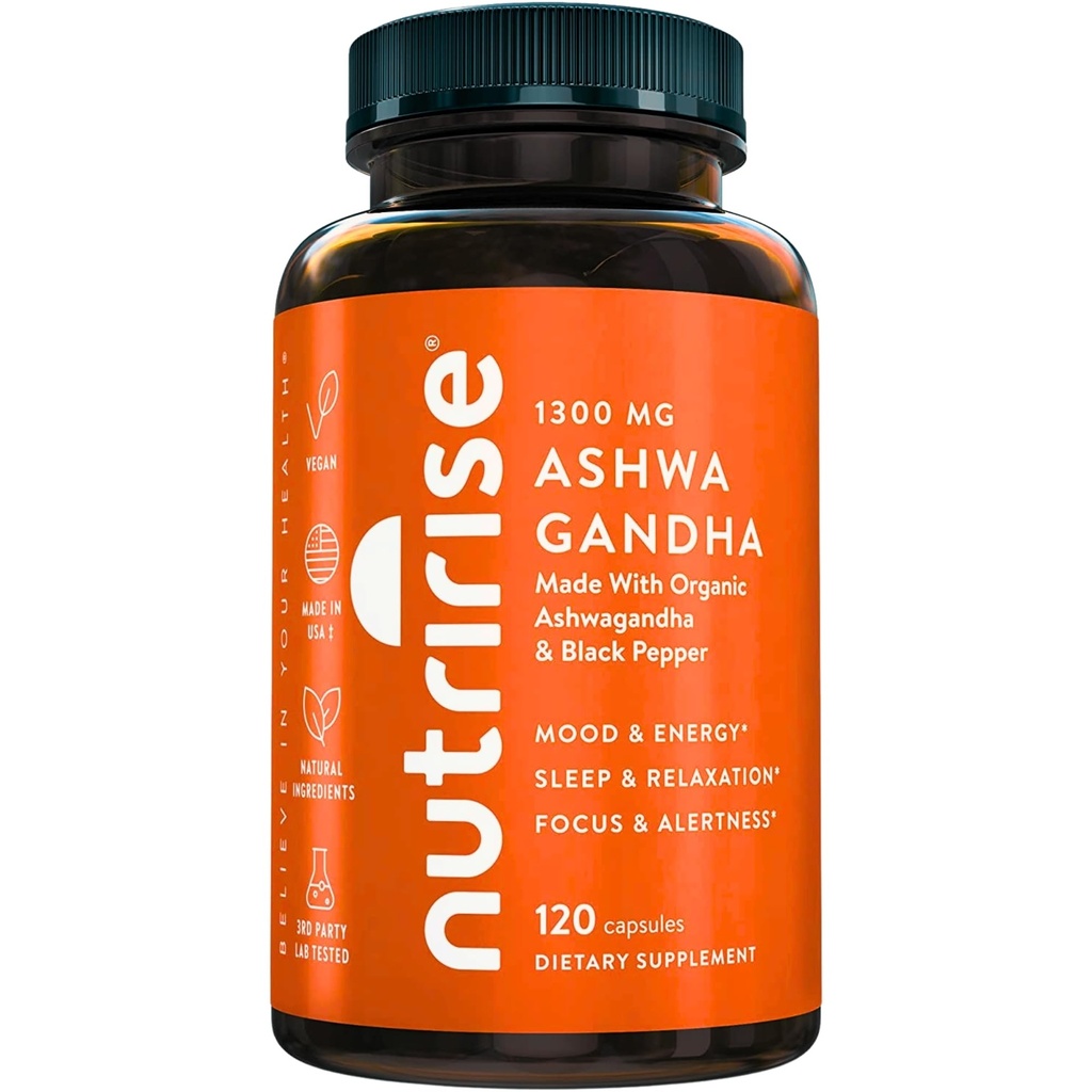 NutriRise Organic Ashwagandha Root Capsule con Pepe Nero, 1300mg, Natural Stress & Mood, Thyroid e Integratore di Supporto Immune, Clarity, Focus & Energy, Gluten Free, 120 Count