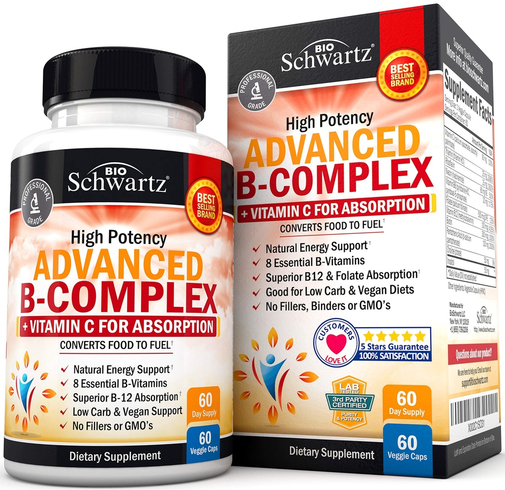 Complesso di vitamina B con vitamina C per assorbimento massimo - Methylcobalamin b12 & Folate Folic Acid Supplement - B1 B2 B3 B5 B6 B7 B9 per l'energia immunitaria e il supporto del sistema nervoso - Non OGM, 60 conteggio