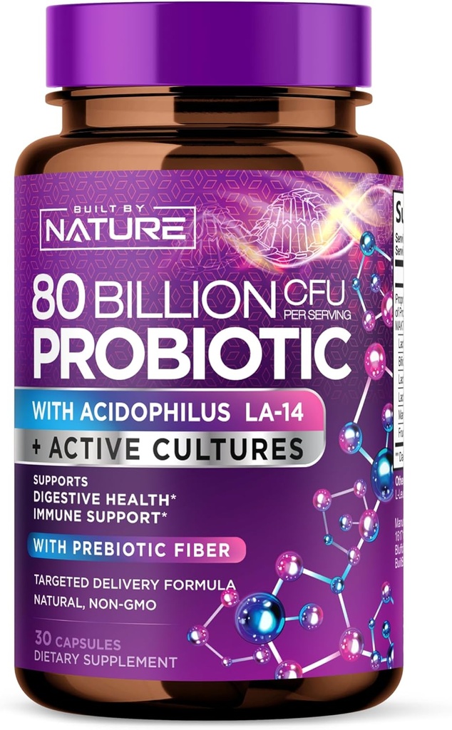 80 miliardi di CFU Probiotici - Supplemento giornaliero digestivo per la salute degli uomini e delle donne - Lactobacillus acidophilus, Bifidobacterium & Prebiotics - Non OGM, Gluten & Dairy Free, Shelf-Stable - 30 capsule