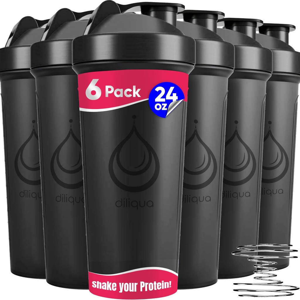 6 PACK, Shaker Bottiglie con fili Whisks per miscele proteiche | Flacone per frullatori a leakproof | BPA-Free & Lavastoviglie Safe | 6 bottiglie shaker da 24 oz | Coppe per shaker