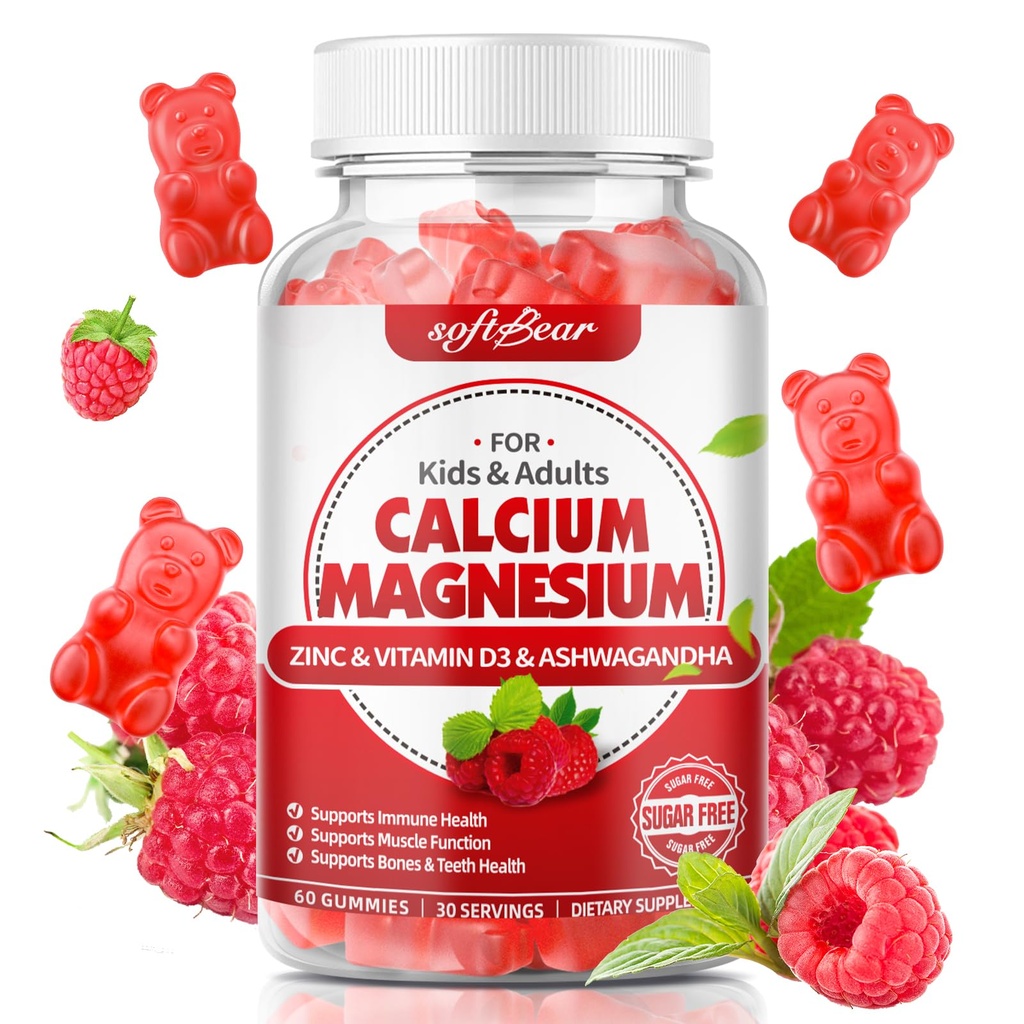 softbear calcio magnesio zinco gommoni per le donne, calcio Magnesio supplemento con vitamina D3 per la forza di ossa, Vegan / Sugar-Free, Raspberry Flavor 60 Conte