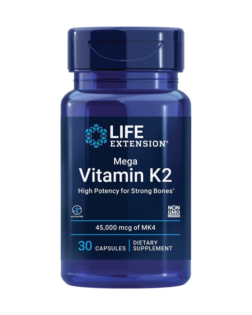 Estensione di vita Mega vitamina K2 alta potenza per le ossa forti, clinicamente studiato 45 mg K2 Dosaggio, promuove la densità sana di ossa, senza glutine, non OGM, 30 capsule