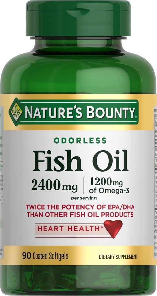 Bounty Odorless Fish Oil, 1200mg Omega-3 per Serving Compreso EPA & DHA, Supporta la salute del cuore, Purificato per eliminare mercurio, Softgels rivestiti, senza glutine, senza crostacei, 90 Ct