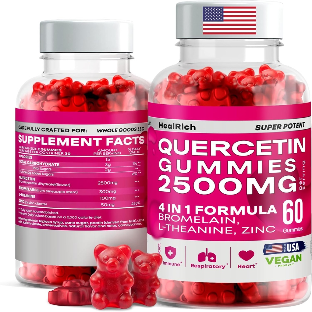 Quercetin Gummies - 2500MG con Bromelain, L-teanina - Supporto immunitario Gummies Allergy Relief & Lung Health for Kids & Adults