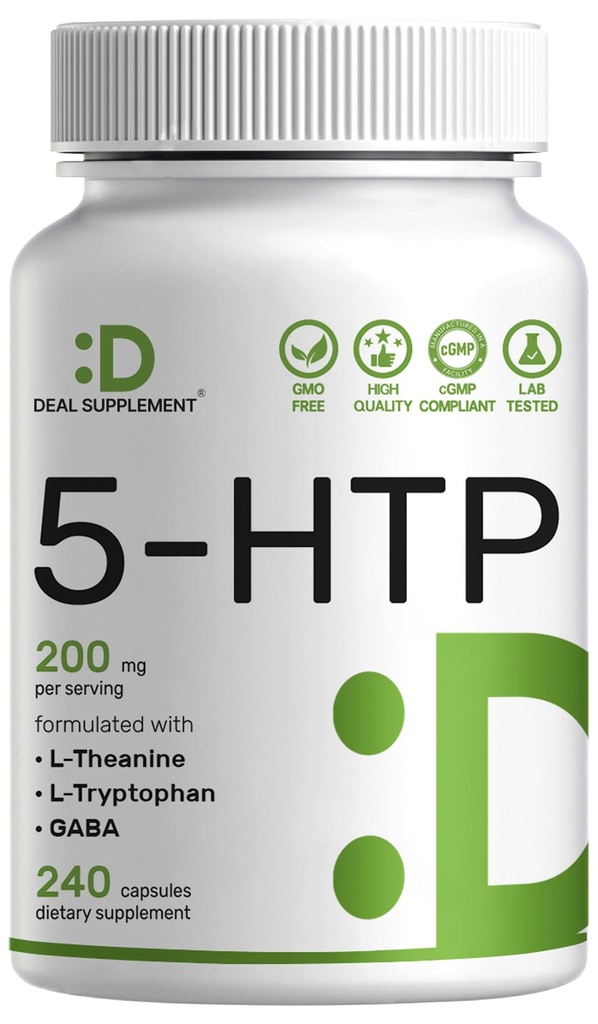 Supplemento 5HTP 200mg Per Serving, 240 Capsule, 98% Estratto di semi di Griffonia Derived Africa | 4 in 1 Formula | Plus Active L Theanine, L Tryptophan, & GABA | Supplemento di supporto per il rilassamento