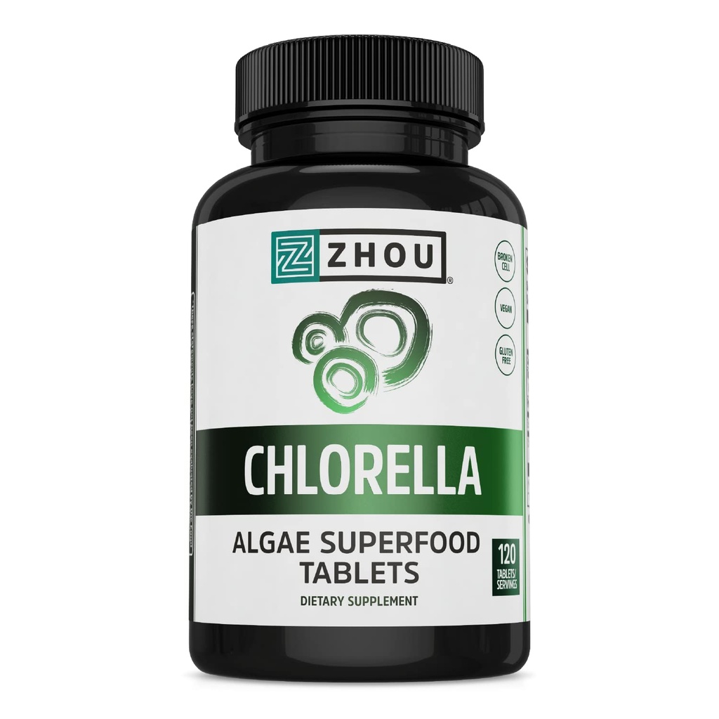 Zhou Chlorella Tablets - Supplemento clorella, Vitamine clorofille, Pure Green Algae Superfood, Nutriente Rich Super Food Pills, Parete cellulare rotta - 120 compresse vegane