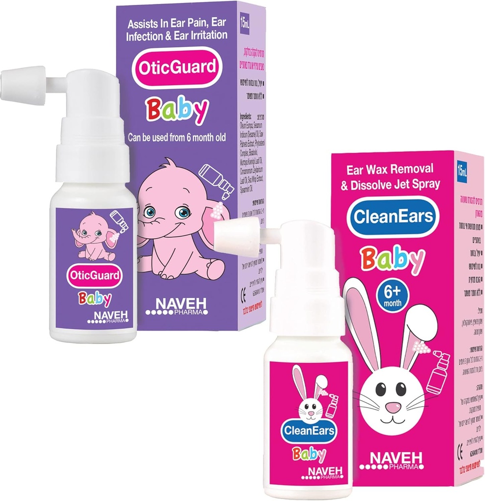 1 unità Naveh Pharma CleanEars Baby Earwax rimozione Spray 1 Fl Oz + 1 unità di NAVEH PHARMA Otic Guard Baby Ear Infection Spray 0.5 Fl Oz
