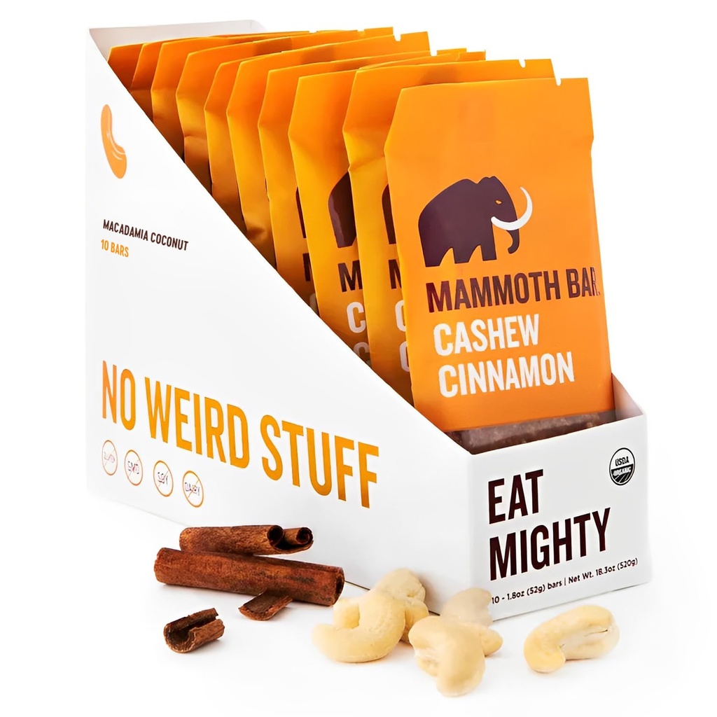 Cinnamon Bar- Organico, Paleo, Gluten Free e crudo da Mammoth Bar, 10-12g Protein, 1.8 Oz. Bar (10 Bar) ...