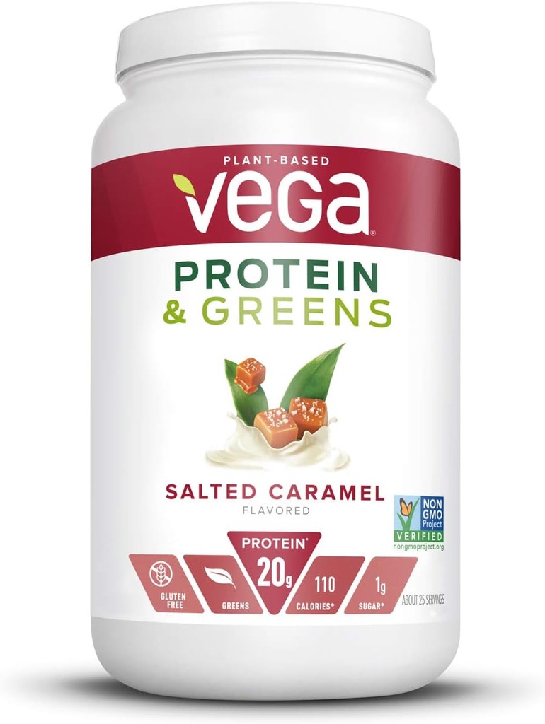 Vega Proteine e Verdi, Caramel salato, Polvere proteica vegana, 20g proteine vegetali, Carbo basso, Keto, Latticini Free, Gluten Free, Non OGM, Pea Protein per le donne e gli uomini, 1.7 Pound (25 Servings)