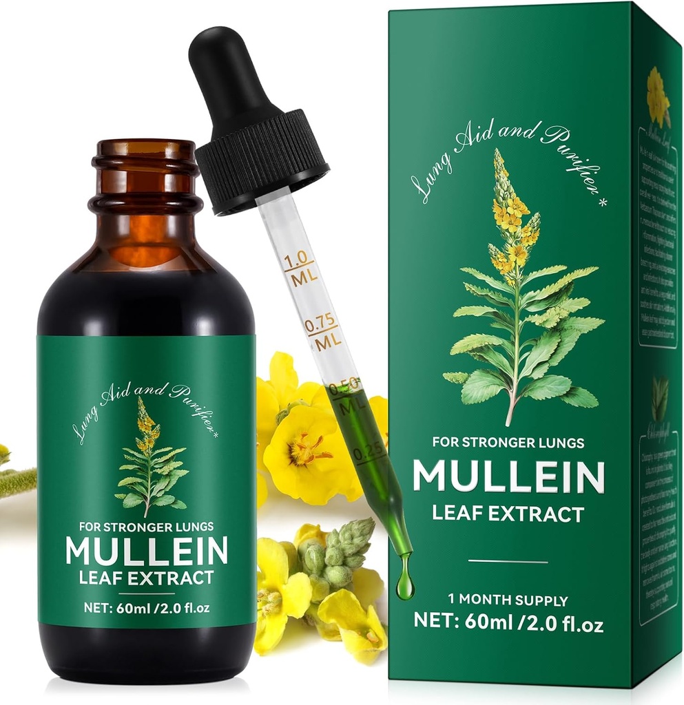 Estratto di foglie di Mullein, gocce di mulleina per polmoni, pulizia naturale, supplemento di estratto di liquido di foglie di mulleina, stile di vita sano vegetariano, 2 FL OZ