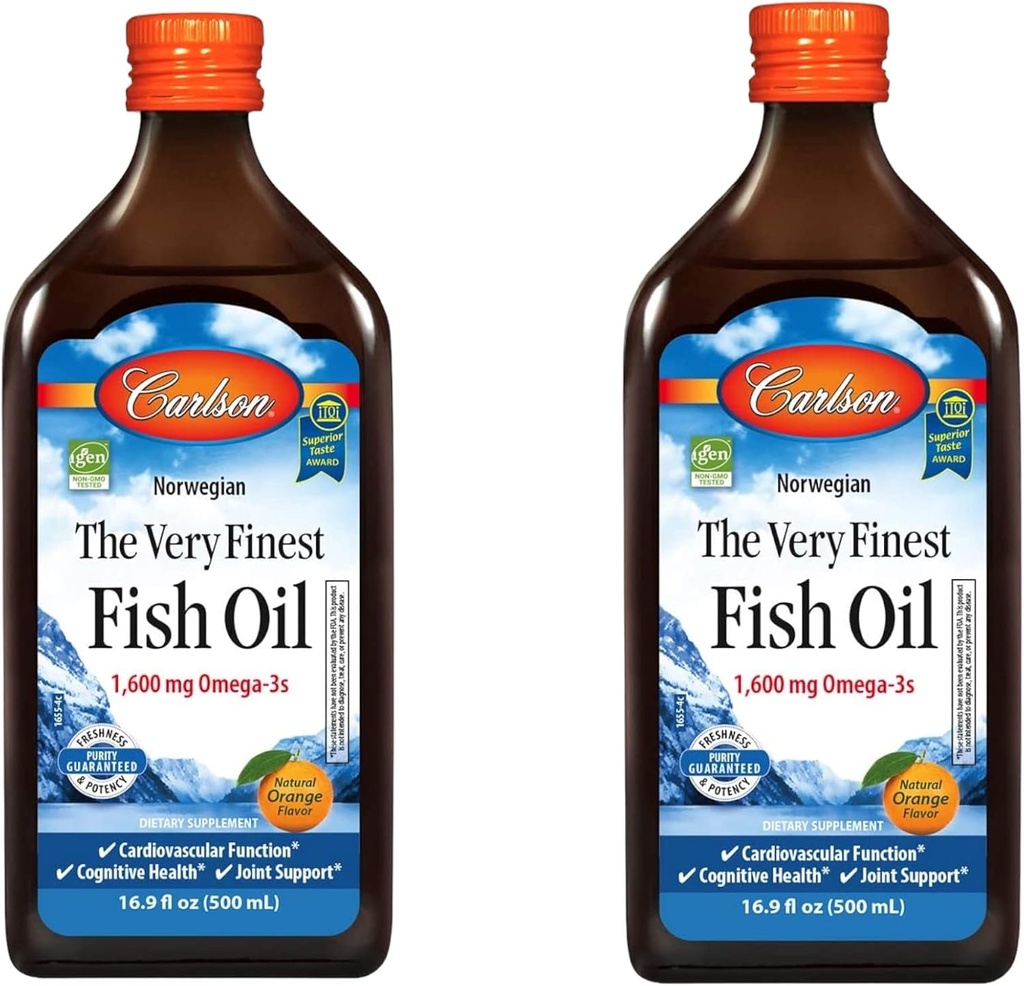 Carlson - L'olio di pesce più fine, 1600 mg Omega-3s, supplemento di olio di pesce liquido, olio di pesce norvegese, selvatico, liquido di olio di pesce di origine sostenibile, arancione, 16.91 Fl Oz (pacchetto di 2)