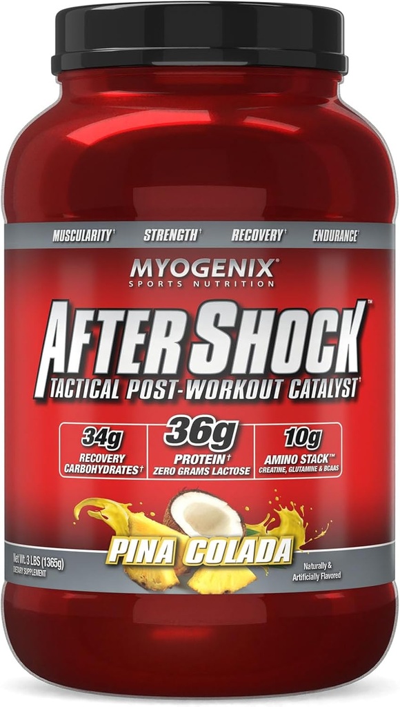 Myogenix Aftershock Post Workout — Polvere proteica del siero di crescita del muscolo — accelera la crescita e il recupero del muscolo — Supporta la salute comune e reintegra il glicogeno — Pina Colada, 3 lbs