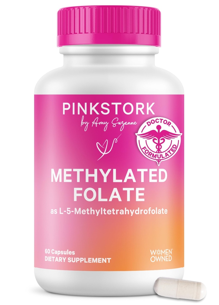 Folato di cicogna rosa: Methyl Folate - MTHFR Acid, Forma naturale di acido folico per la gravidanza, formulato per la mamma + il bambino, Donne-Owned, 60 capsule (Piccola May Vary)