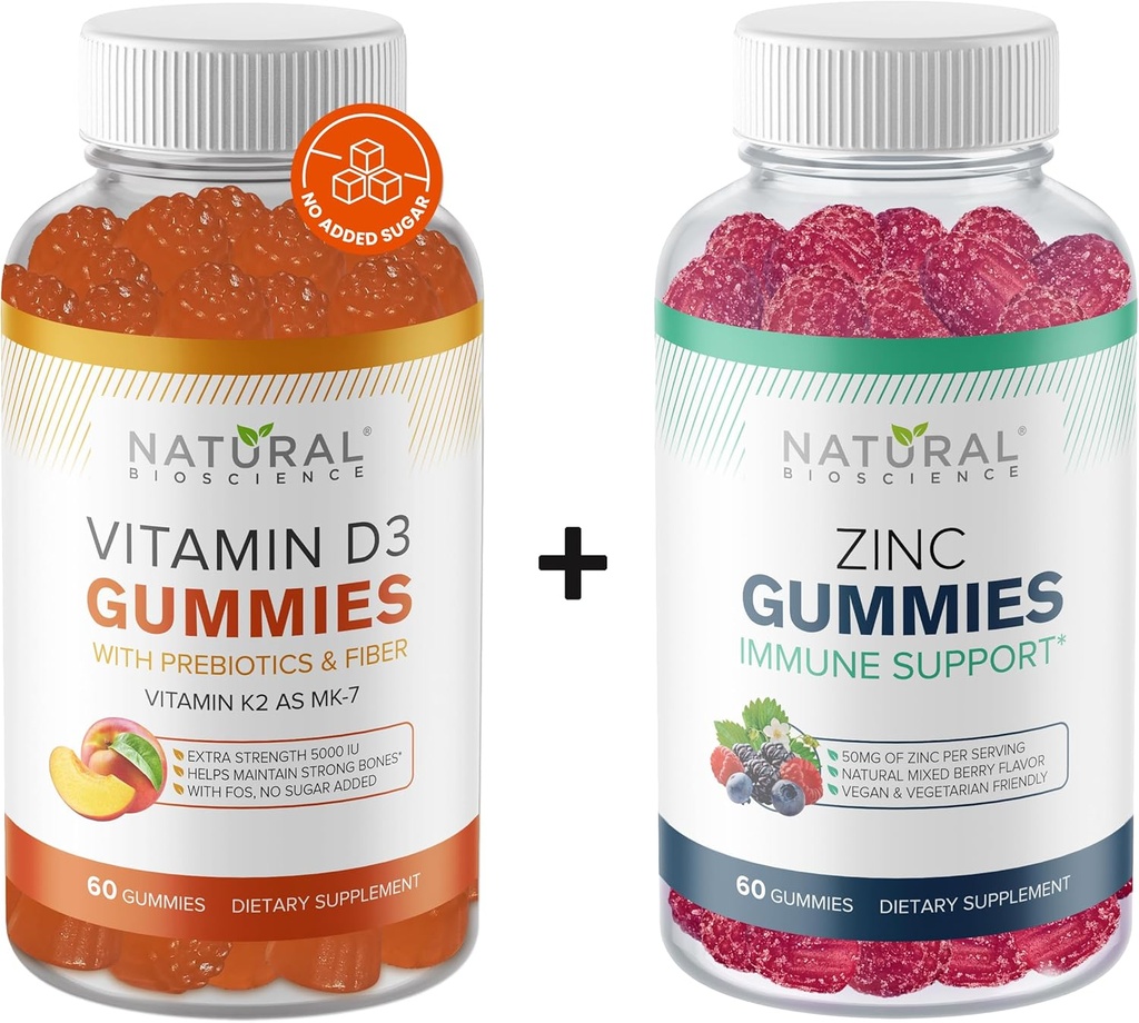 BioScience Naturale Zucchero Vitamina D3 K2 Gummies 5000 IU & Zinc Gummies 50 mg, Forza Extra, Supporto Immune, Salute Del Bone, Salute Del Cuore, Supporto Della Pelle, 60 Vitamine Del Gomma