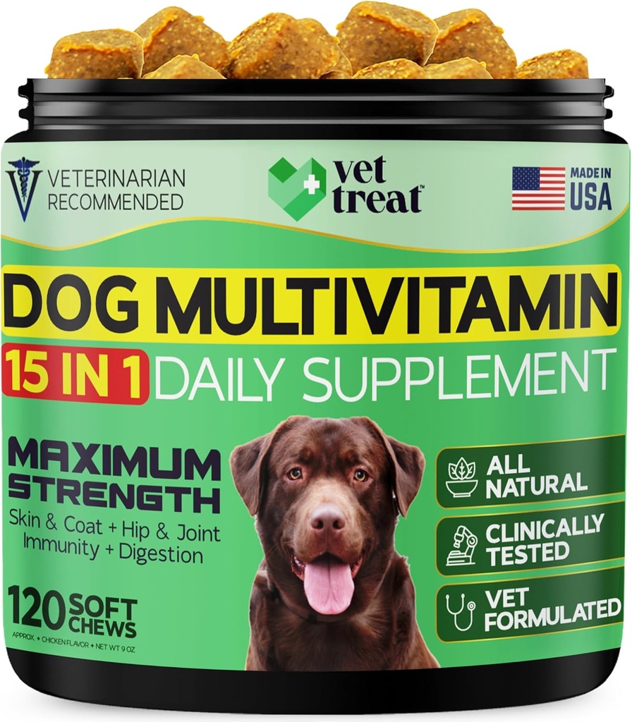 Cane Multivitamin Chewable con Glucosamine & Salmon Oil – Made USA – Puppy & Senior Supplement – 120 Chews– Supporto giornaliero per le articolazioni, Sistema immunitario, Pelle & Coat, Cuore e Digestione