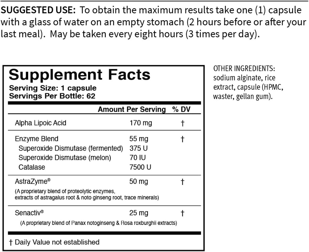 USEnzymes YOUTHXYM 62 Delayed Release Capsule Vegetariani, Anti-Ossidante Enzima Supplement. 170 mg di Acido Alfa Lipoico (ALA) + 50 mg di AstraZyme per migliorare la digestione delle proteine.