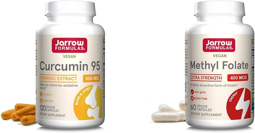 Jarrow Formulas Curcumin 95 500mg e Methyl Folate 400mcg Antiossidante e Cardiovascolare assistenza sanitaria Integratore alimentare Bundle, 120 e 60 capsule vegetali