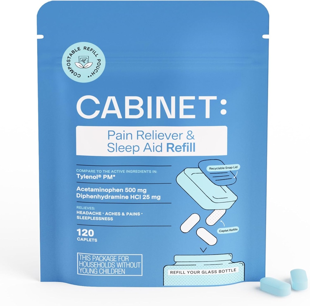 Gabinetto: Reliever del dolore di notte e aiuto del sonno per mal di testa, dolori e dolori | Acetaminophen 500mg, difenidramina 25mg, 120 Caplets (riempimento)