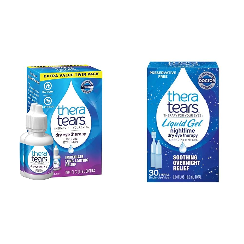 TheraTears Dry Eye Therapy Lubricating Gocce per occhi secchi, 1 fl oz Bottiglia Twin Pack, (2 x 30mL Bottiglie) & Liquid Gel Nighttime Lubrificante collirio per occhi secchi, Vial mono-Use, 30 Conte