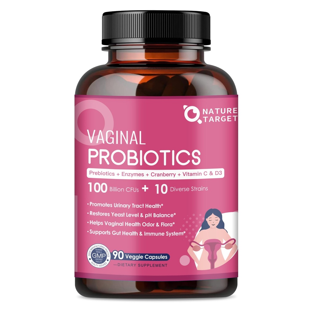 NATURA TARGET Vaginal Womens Probiotics, 100 miliardi di CFU Probiotici e Prebiotici con enzimi digestivi, mirtillo & D-Mannose - Supporta pH Balance, Odor & Urinary Tract Health - 90 capsule