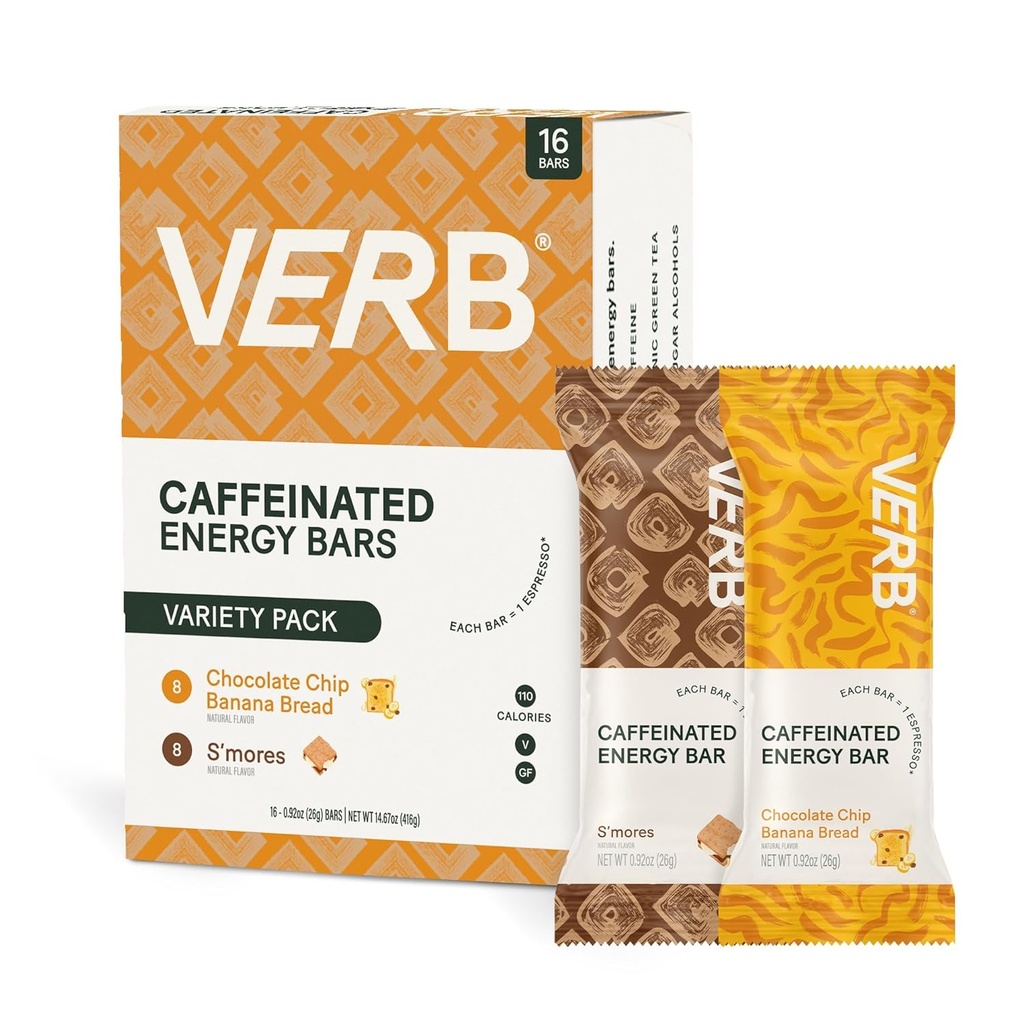 Verb Caffeinated Energy Bars Variety Pack - 2 Delicious Flavors (26g, Confezione da 16) 110-Calorie Delicious Low Sugar Energy Bar, Vegan & Gluten Free On-the Go Snack con 80mg Green Tea Caffeine