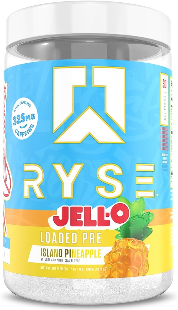 RYSE caricato polvere pre allenamento - Jell-O Island Ananas - Pre-allenamento giornaliero per uomini e donne con 325 mg di caffeina, Beta Alanina e Citrullina per pompa, messa a fuoco e energia - 30 Serve