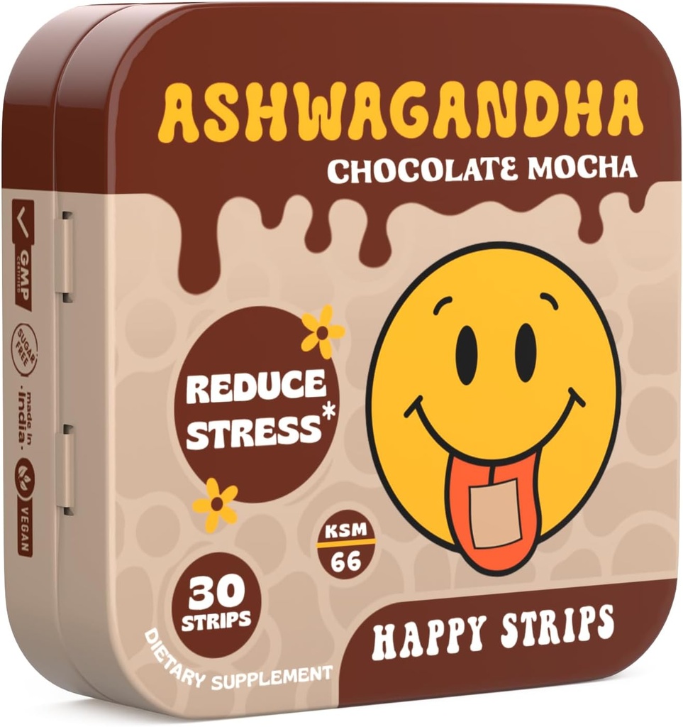 Happy Strips Organic Ashwagandha KSM 66 & GABA per Stress Rilievo, Calma, Dormire - Veloce-Attiva & Rapid-Dissolving, Cioccolato Mocha Aromaed, Organico, Vegan, Senza zucchero - 30 Conte
