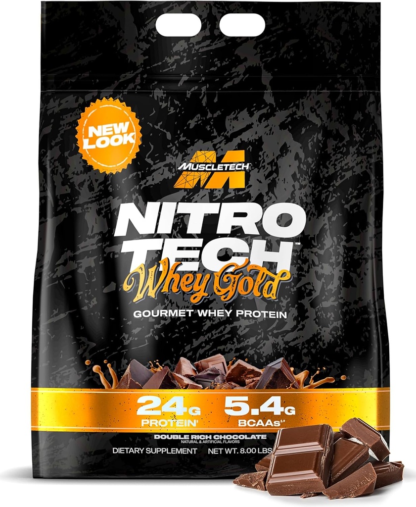 Muscletech Whey Protein Powder (Double Rich Chocolate, 8LB) - Nitro-Tech Whey Protein Isolate Smoothie Mix per muscolare magra e recupero - 24g di Whey Gold Protein per le donne e gli uomini - Packaging May Vary