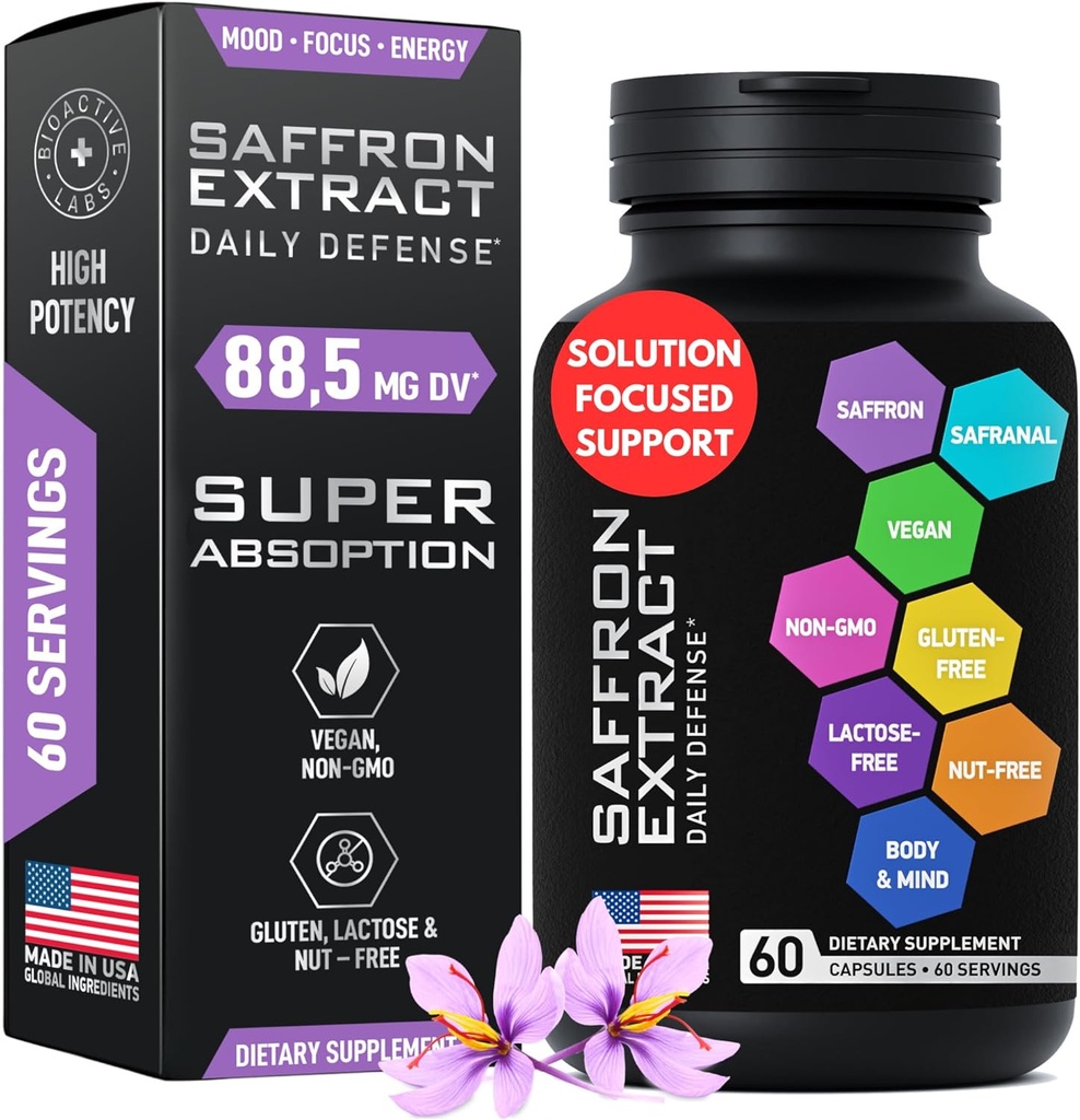 Integratori di zafferano ottimizzati - 88.5mg Estratto di zafferano puro per il supporto del mood, messa a fuoco, energia - Crocina Plus, Crocetin, Kaempferol - Senza glutine, Non-GMO - 1-a-Day 60 capsule