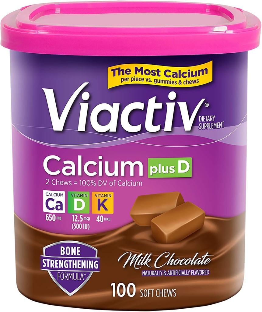 Viactiv Calcium +Vitamin D3 Supplemento Soft Chews, Cioccolato di latte, 100 Chews - Supplemento dietetico di calcio per la salute di una persona