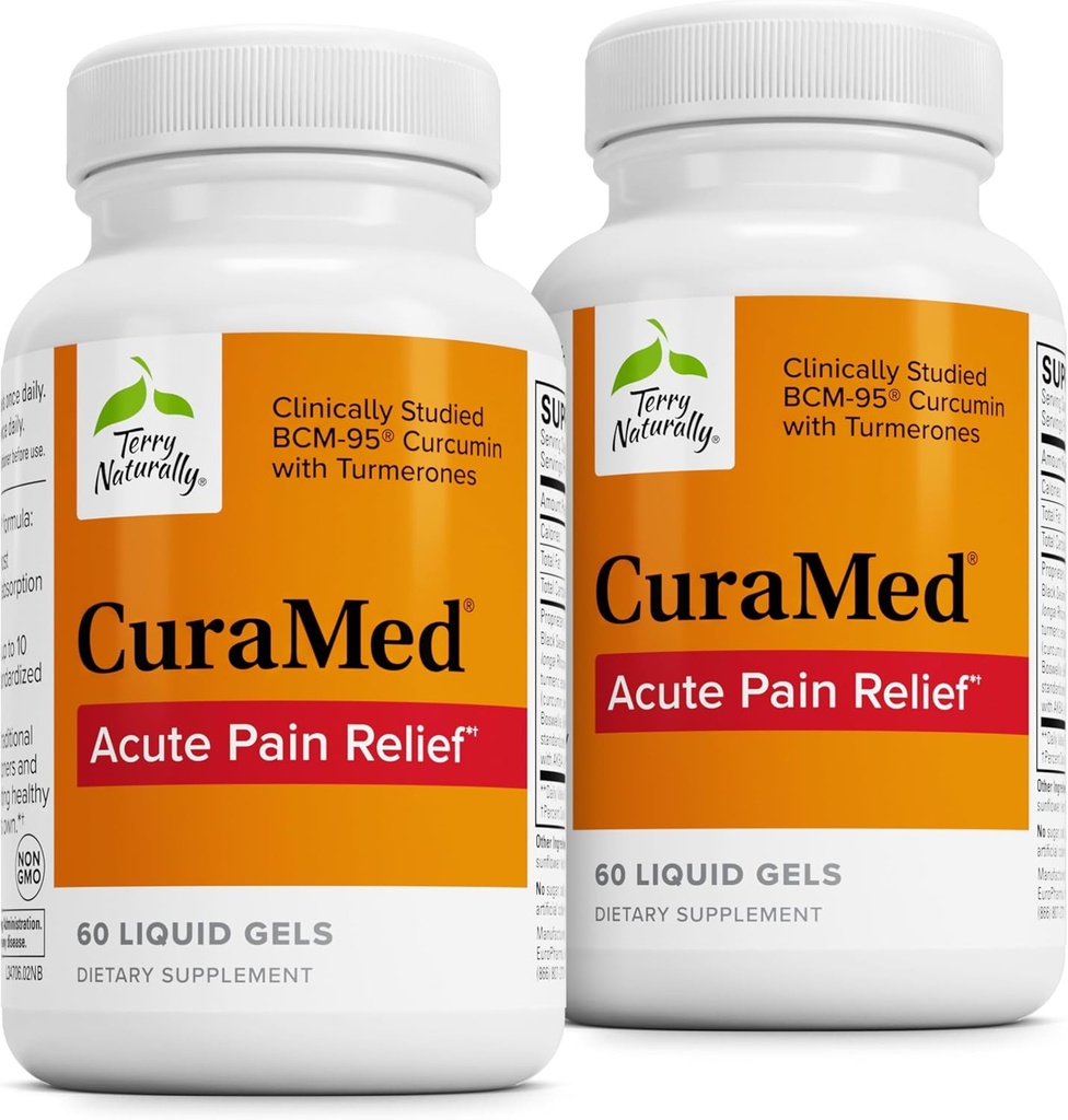 Terry Naturally CuraMed Acute Pain Relief - Supplemento con BCM-95 Curcumin & BOS-10 Boswellia - Olio di semi di sesamo nero per sostenere il sollievo di Discomfort occasionale - 60 Gel liquidi (Pack of 2)