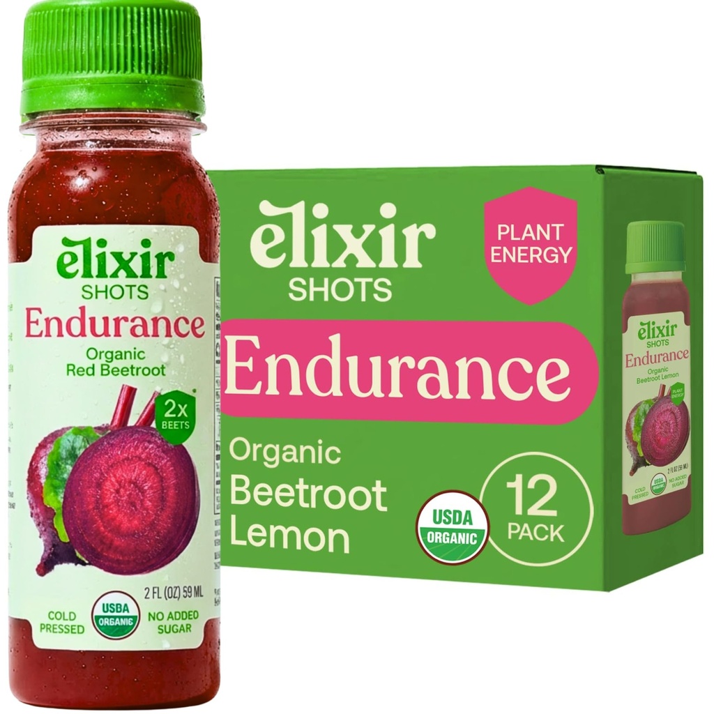 Elisir Shots, Endurance & Wellness Shot with Cold-Pressed 100% Organic Ingredients, barbabietola, Carrot, Celery, limone, senza zuccheri aggiunti o ingredienti artificiali, 12 Pack