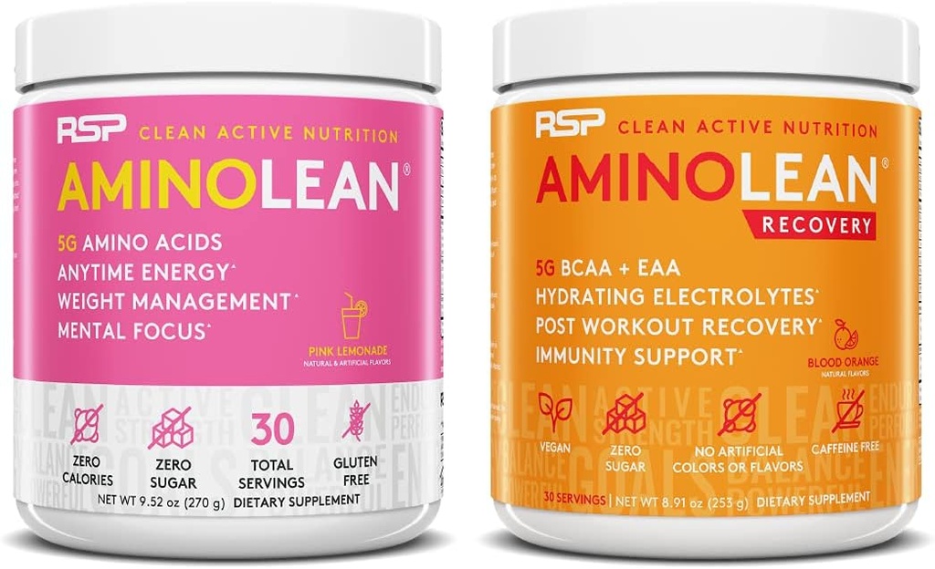 RSP NUTRITION AminoLean Pre Workout Energy (Pink Lemonade 30 Servings) con AminoLean Recovery Post Workout Boost (Blood Orange 30 Servings)