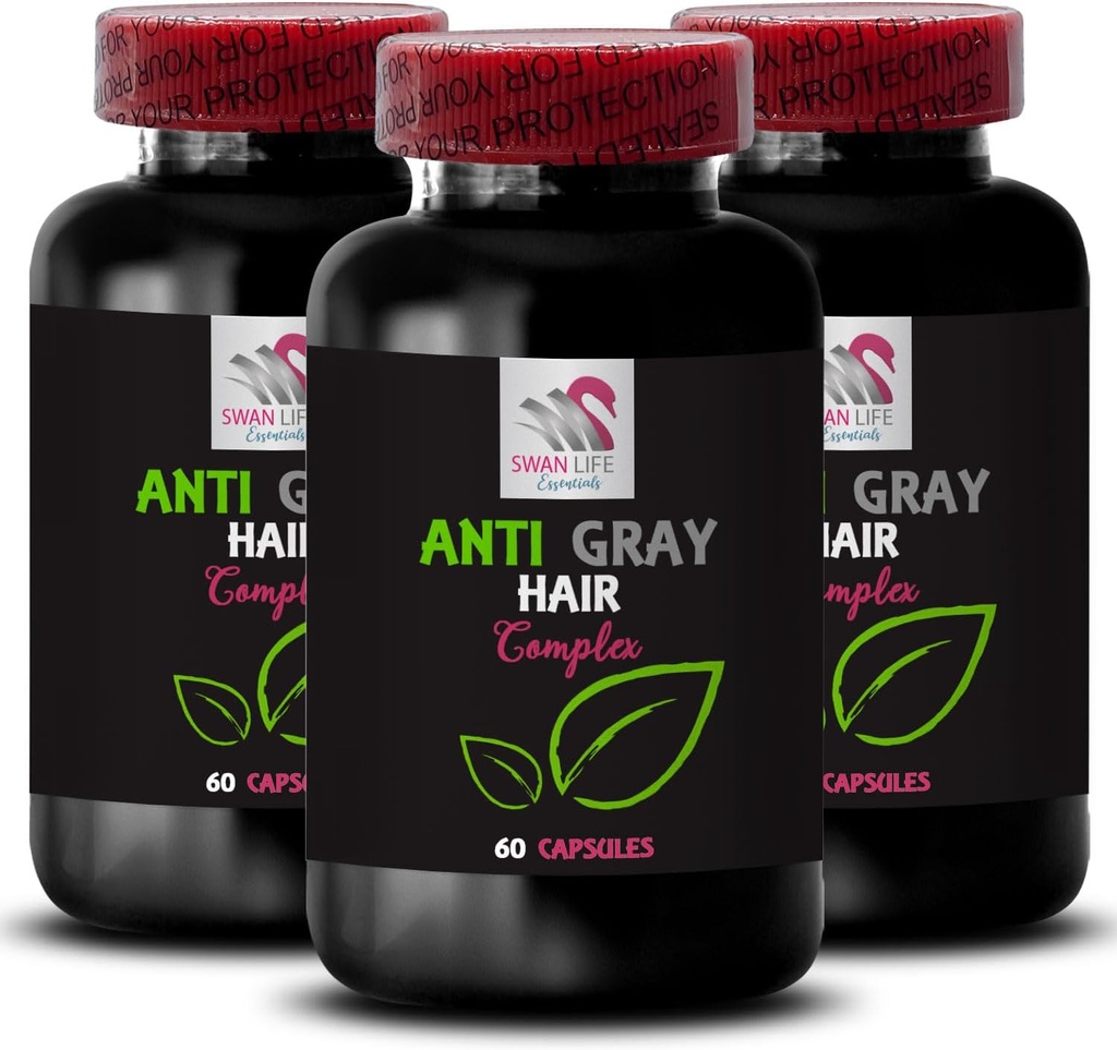 Vitamine di capelli grigi - ANTI GRAY HAIR COMPLEX - Risveglio di colore, Integratore di capelli grigi, Cura di grigio naturale, Capelli vibranti, Colore vitalità, Gestione dei capelli grigi 3 Bottiglie 180 Capsule