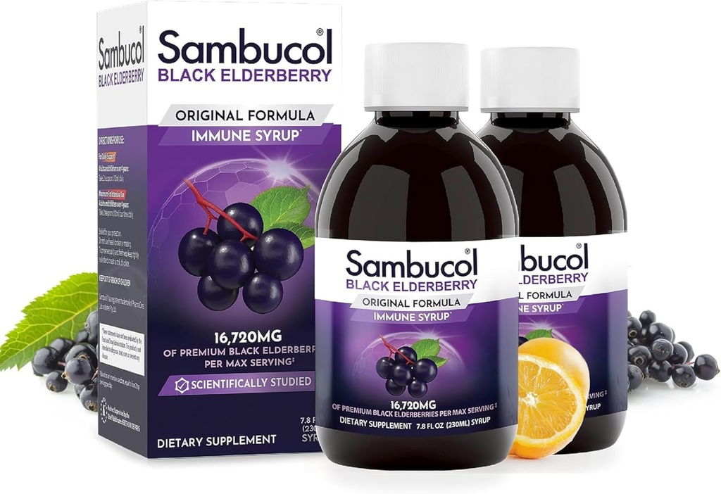 Sambucol Black Elderberry Syrup - Sambucus Syrup, Black Elderberry Liquid, Supporto immunitario per bambini e adulti, Antiossidanti alti, Gluten Free - Formula originale, 7,8 Fl Oz, 2-Pack
