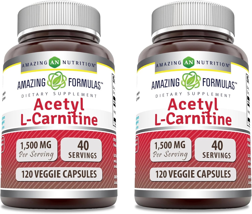 Stupefacente Formulas Acetyl L-Carnitina 1500 Mg per servire Veggie Capsule Supplemento | Non-GMO | Gluten Free | Made in USA | Adatto per vegetariani (120 Conte) | Confezione di 2