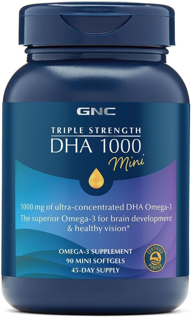 GNC Triple Strength DHA 1000 Mini Omega 3 Supplement, 1000mg, Ultra Concentrato, Alta potenza, Supporta lo sviluppo del cervello e la visione sana, Burpless, 90 Mini Softgels, 45 SVG, 45 giorni di alimentazione