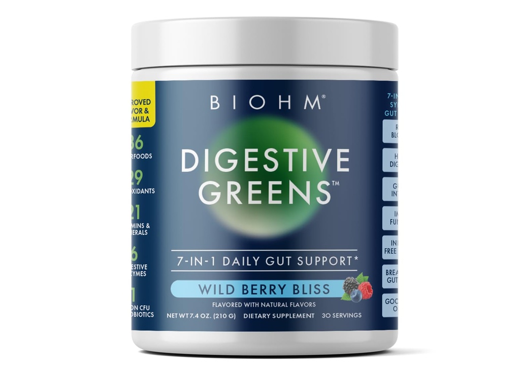 BIOHM Digestive Greens, Green Superfood Powder (7.4 Oz, 30 Serve) Immune & Gut Health Support with Antioxidants, Vitamins, Probiotics & Enzymes, Good Source of Fiber, Berry Flavor