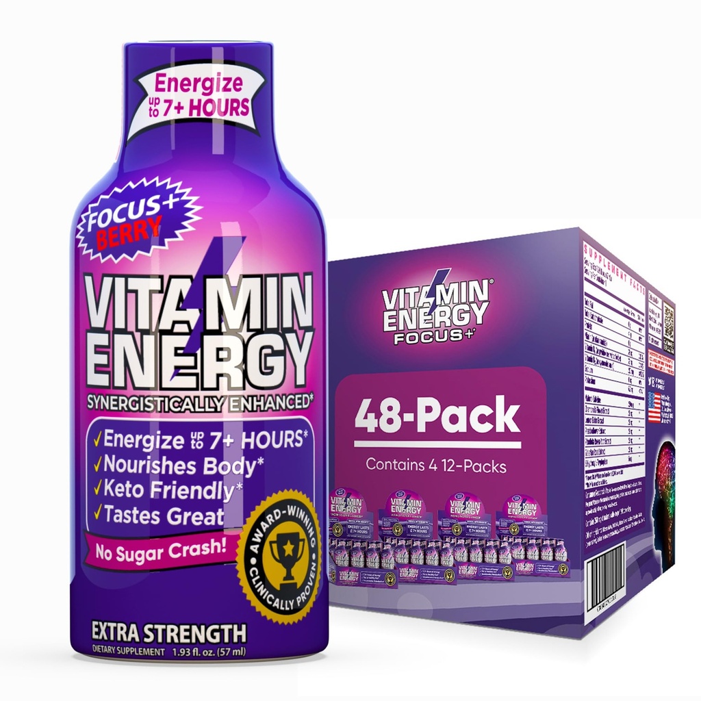 Vitamin Energy Focus+ Extra Strength Energy Shot Berry 48 Pack, 260mg Natural Caffeine, B-Vitamins, CoQ10, Aminoacidi, Focus, Produttività & Clarity, Zero Sugar, Gluten-Free, 1.93 fl oz